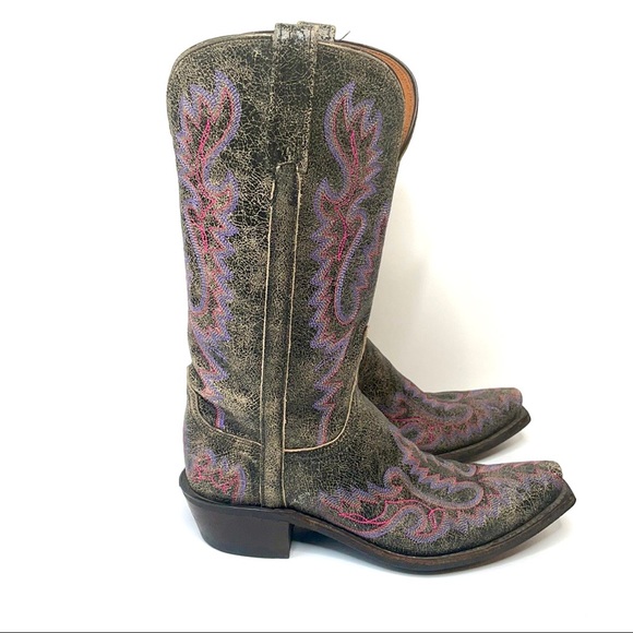 Lucchese 1883 Western Distressed Black with Pink and Lavender Stitching Size 7 - Picture 3 of 16